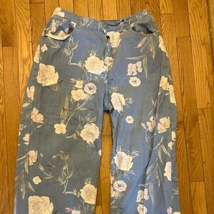 Floral Wide Leg Chambray Elastic Waist Jeans Size 1XL